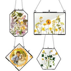HSDSH 4 Pcs Glass Picture Frame for DIY Pressed Flower, Golden Hanging Photo Frame Clear Glass Artwork Display Frame with Chain for Dried Plant Gallery Wall Decor DIY Home Wall Art (Black)