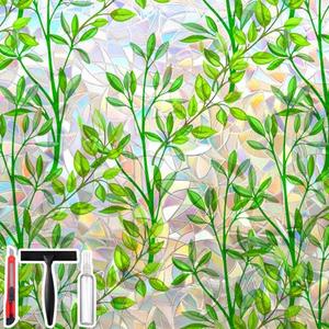 Window Privacy Film with Cutting Grid, Non-Adhesive Stained Glass Window Film Decorative, Static Cling Privacy Window Film (Leaf Rainbow,35.4 X 78.7 inch)
