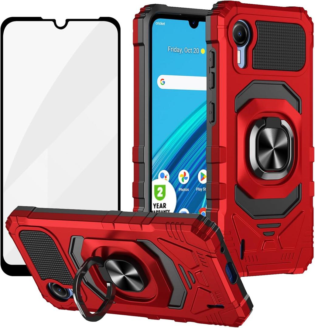 Ailiber Case for ATT Calypso 4, Cricket Debut S2 with Screen Protector, Ring Kickstand for Magnetic Car Mount, Heavy Duty, Military Grade Shockproof Rugged Protective Phone Cover for Calypso 4-Red
