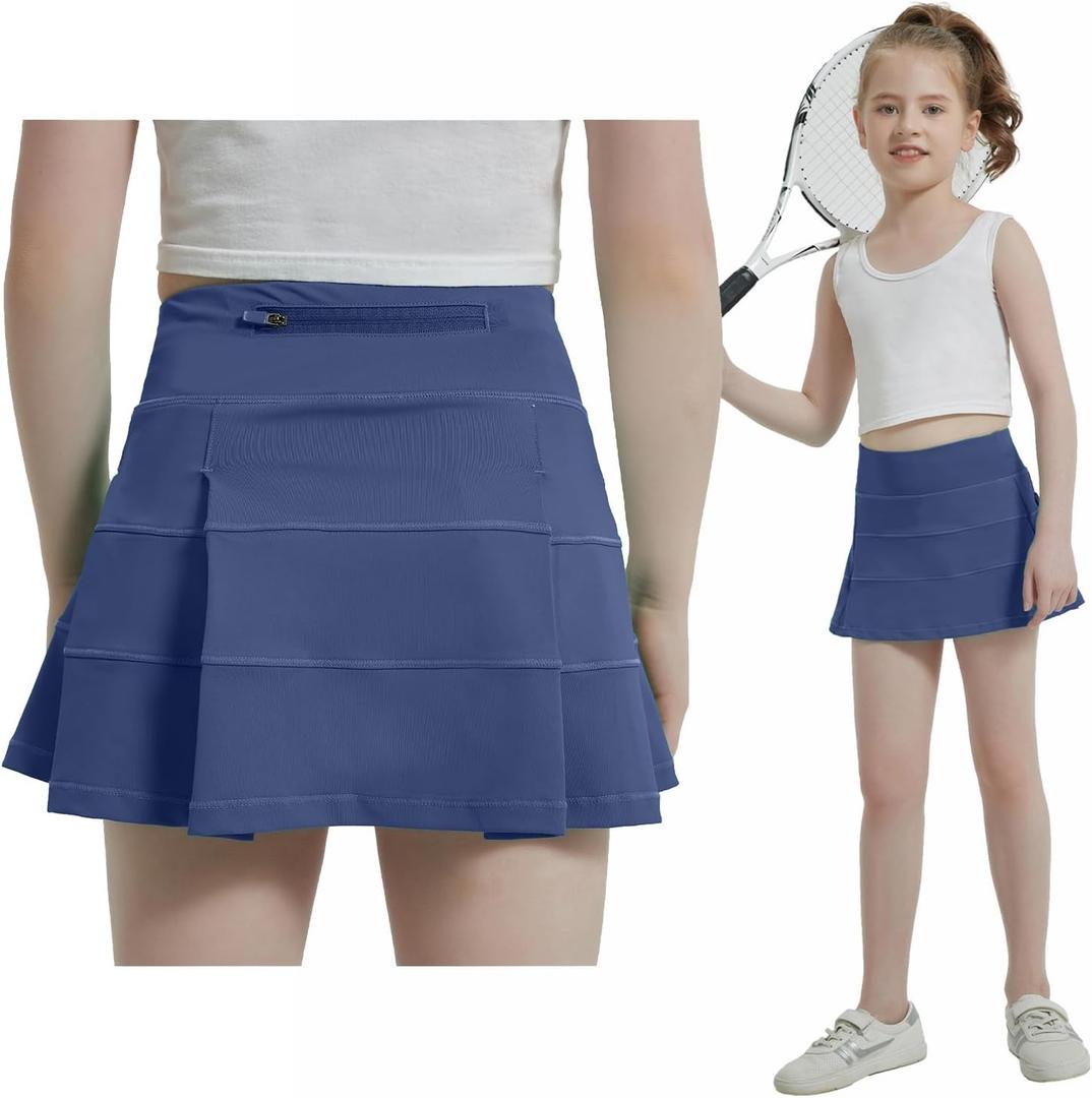 Husnainna Girls Tennis Skirt High Waisted Pleated Kids Skort Built-in Shorts School Athletic Golf with 3 Pockets (Blue)