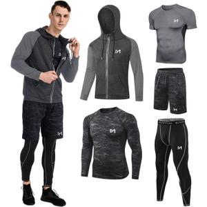 MEETYOO Mens 5pcs Men's Compression Sets Pants Long Sleeve Shirt Athletic Shorts Running Jacket (Large, Print)