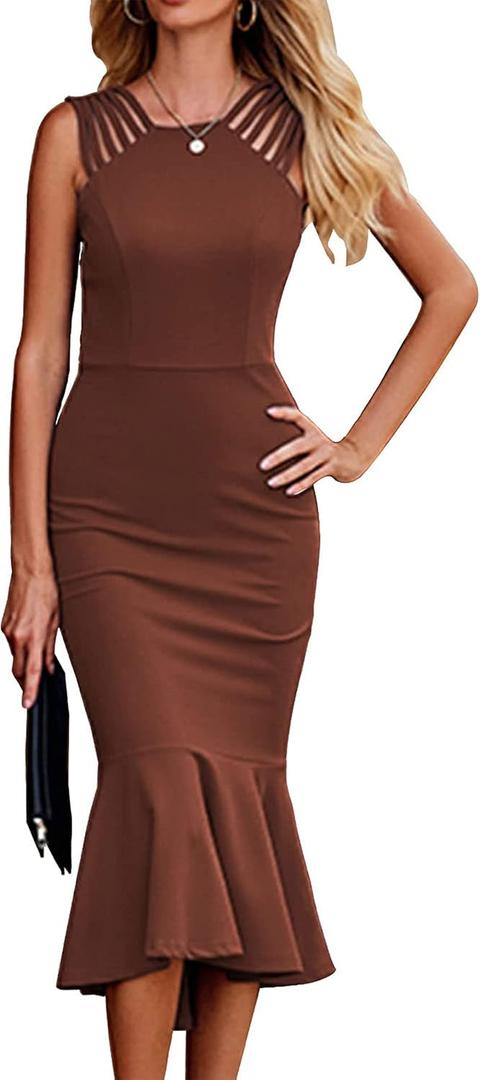 PRETTYGARDEN Women's Elegant Midi Bodycon Dress Sleeveless Backless Ruffle Hem Mermaid Formal Cocktail Wedding Guest Dresses (Coffee, Medium)