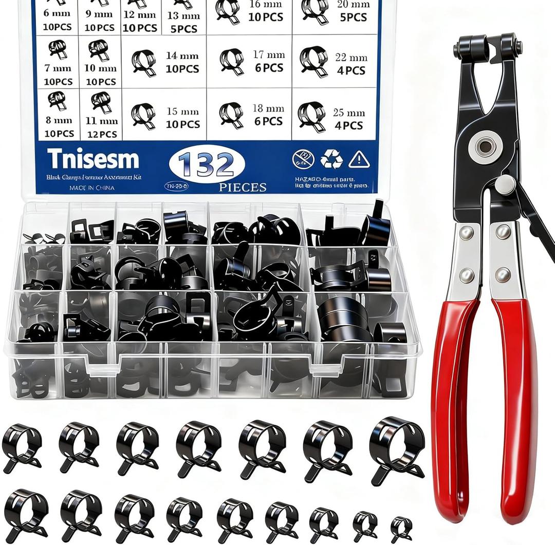 Tnisesm 132Pcs 6-25MM Spring Hose Clamps With Hose Clamp Pliers, Black Small Hose Clamps Automotive Fuel Hose Clamp Silicone Vacuum Hose Pipe Low Pressure Air Clip Clamp
