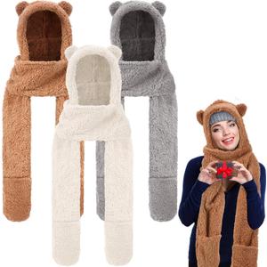 Coume 3 Pack Christmas Winter Fleece Women Bear Ear Sherpa Hooded Scarf Hat Gloves Hooded Scarf Ear Protection Windproof Cap (Mixed Colors)