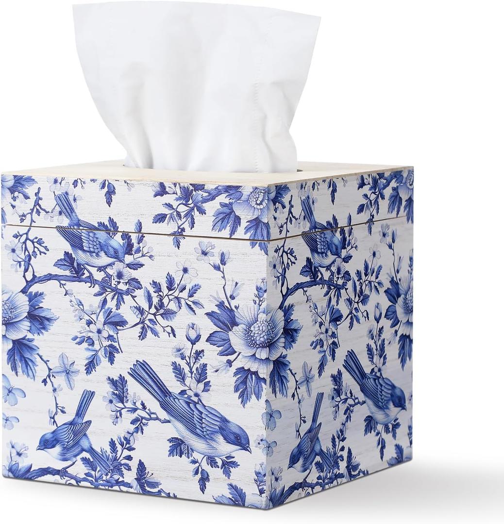 Blue and White Tissue Box Cover Wooden Floral Bird Vintage Square Tissue Box Holder for Bedroom Bathroom Office Desk Countertop Modern Farmhouse Decor, 6 x 6 x 6 Inch