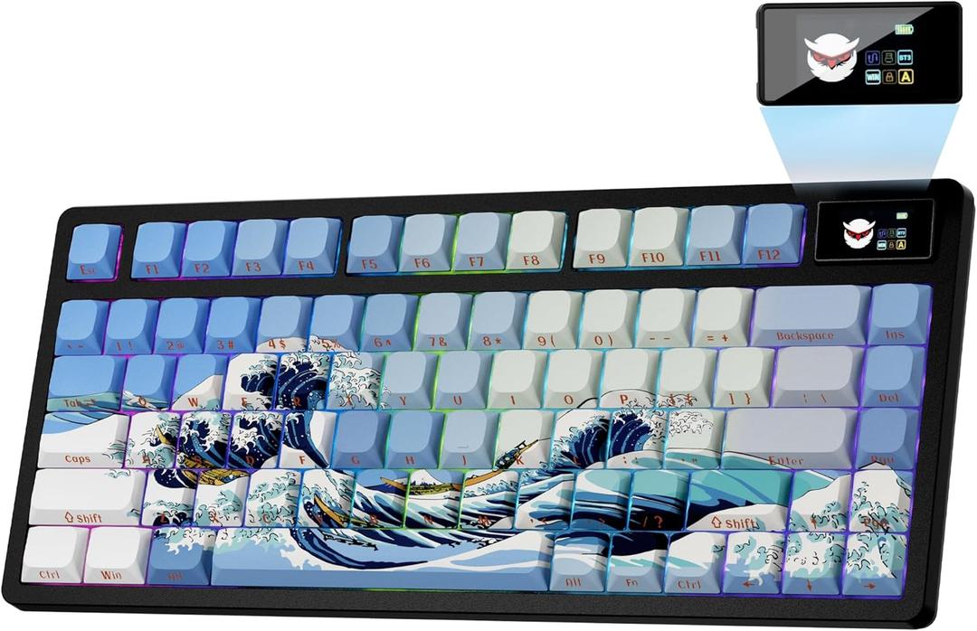 XVX 75% Keyboard with Color Smart Display, L75 Pro Low Profile Gasket Mechanical Gaming Keyboard, Bluetooth 5.1/2.4G Wireless/Type-C Wired Custom Key Board with RGB Backlit, Blue Kanagawa Theme