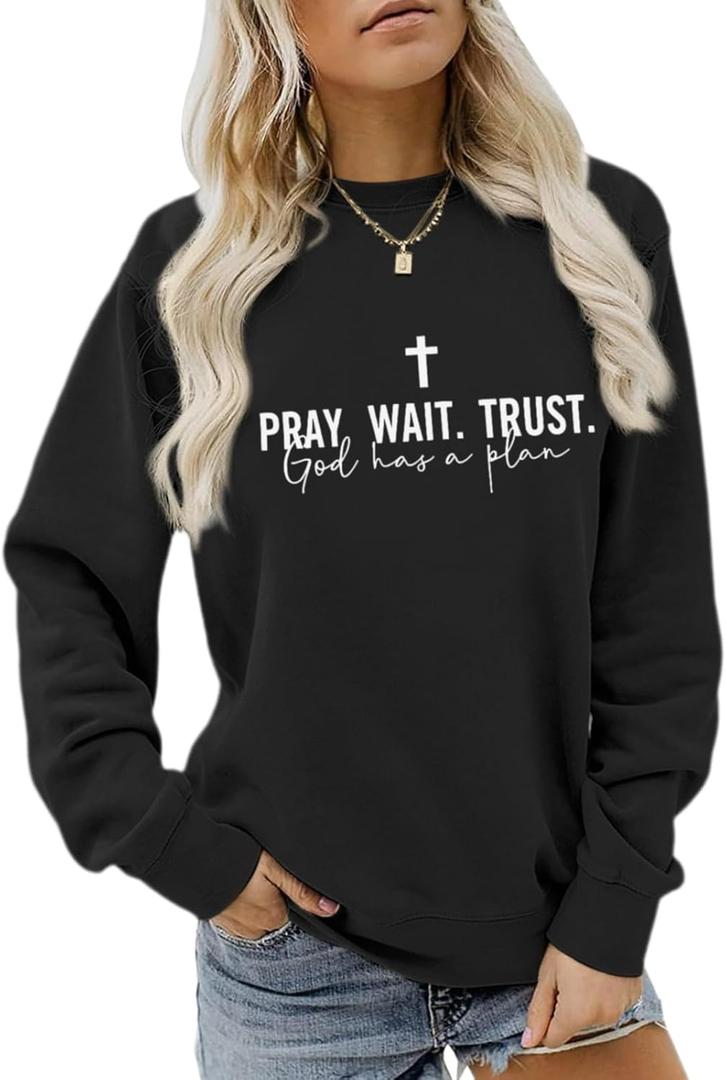 Christian Juses Sweatshirt for Women God Cross Religious Faith Hoodie Bible Verse Pray Wait Trust Graphic Shirt (X-Large, Black)