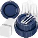 Hioasis 350pcs Blue and Silver Plastic Plates - Elegant Disposable Dinnerware Set Suitable for 50 Guests Include 10.25" Dinner & 7.5" Dessert Plates, Cutlery, Napkins, Cups for Party