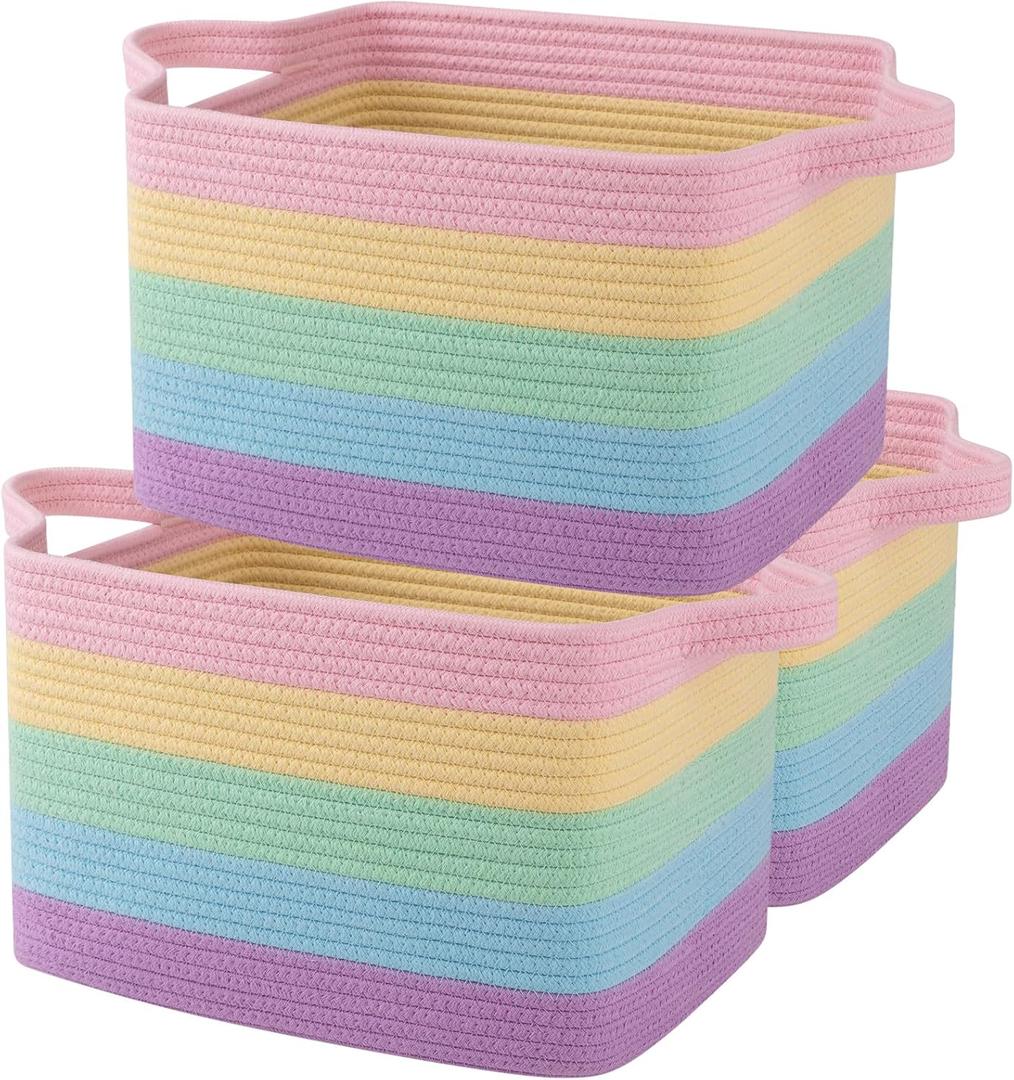 OIAHOMY Storage Basket, Woven Baskets for Storage, Cotton Rope Basket for toys,Towel Baskets for Bathroom - Pack of 3, Rainbow Pastel (3 pcs-13x9.9x8.7)