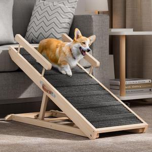 Dog Ramp for Bed, Couch, Car, Folding Pet Ramps 44.48" Long Adjustable 15"-22" Wooden Stairs with High Traction Mat & Safety Side Rails for Small & Medium Old Dogs & Cats, up to 200 lbs (44.48"L x 15.74"W x 2.16"H)