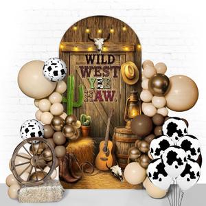 7.2FT Wild West Arch Cover - Double-Sided Stretchable Spandex Arch Backdrop Cover with Western Design for Cowboy Parties, Weddings, Birthdays & Events (Brown)