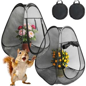 2PCS Pop Up Plant Protector with Bottom from Animals, Large Mesh Plant Protection Enclosure Tent Insect Barrier Garden Netting Cover Black Crop Cage for Potted Plants Flowers Fruits, 28X28X32Inch