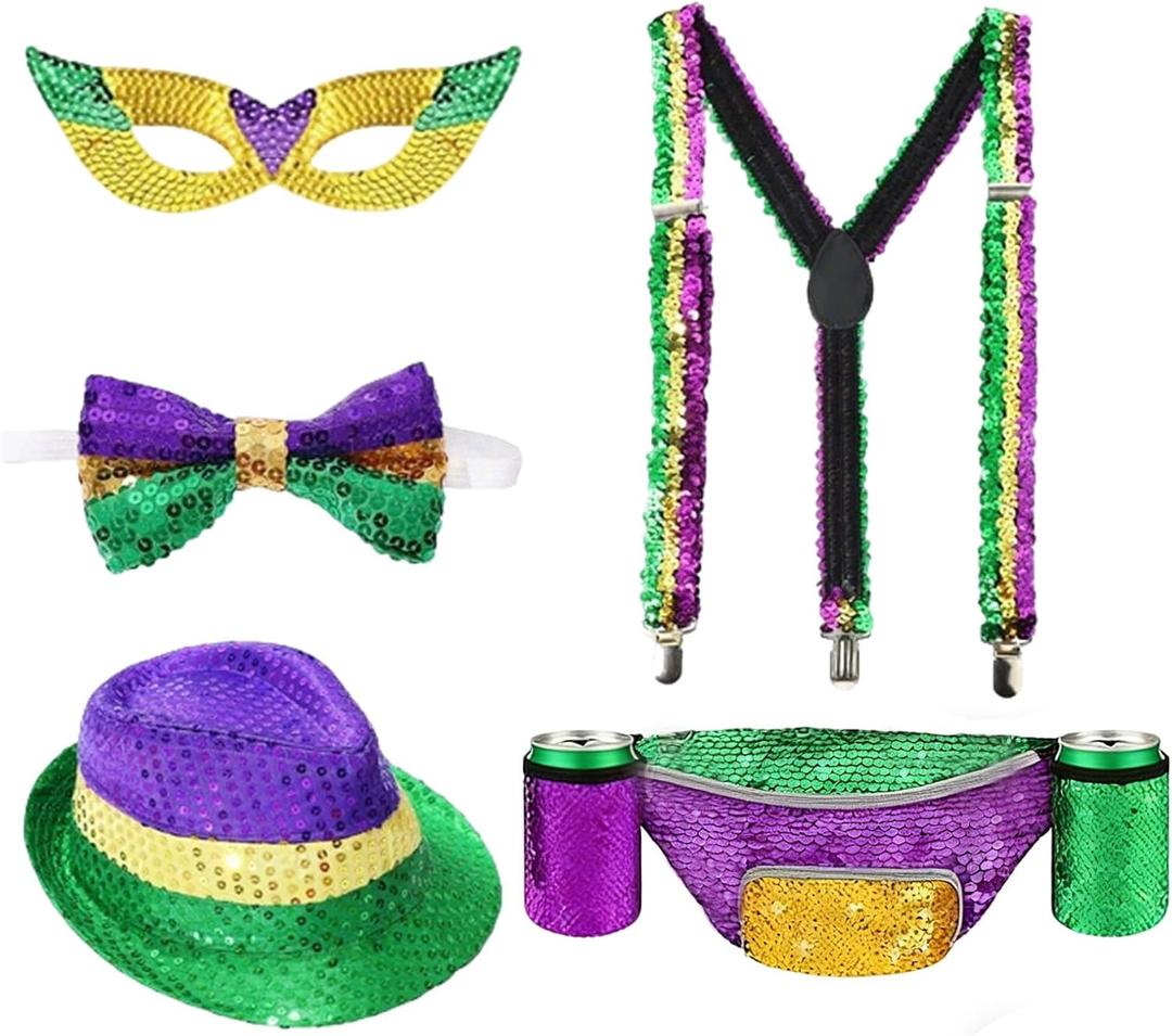 5Pcs Carnival Outfit for Men Include Sequin Fedora Hat Suspenders Bow Tie Masquerade Mask Fanny Pack,Glitter Waist Pack with 2 Drink Holders,Carnival Costume Accessories for Women