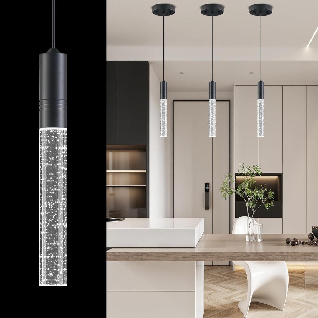 Pendant Lights Kitchen Island, Black Kitchen Pendant Light with Crystal Bubble, Modern Adjustable Hanging Lights Fixture for Dining Room Hallway Bedroom Over Sink 1 Pack