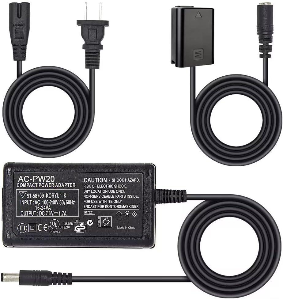AC-PW20 AC Power Supply Adapter for Sony Camera Camcorder,NP-FW50 Dummy Battery Kit for Alpha A5100 A6000 A6100 A6300 A6400 A6500 ZV-E10 A7 A7R A7S A7II A7RII A7SII RX10 II III IV NEX5/7