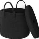 15" X 13" Large Black Basket with Lid, Cotton Rope Storage Basket for Blanket, Toy, Pillow, Towel, Laundry, Wicker Living Room Bedroom Storage Bin, Black Woven Organizing Basket with Cover