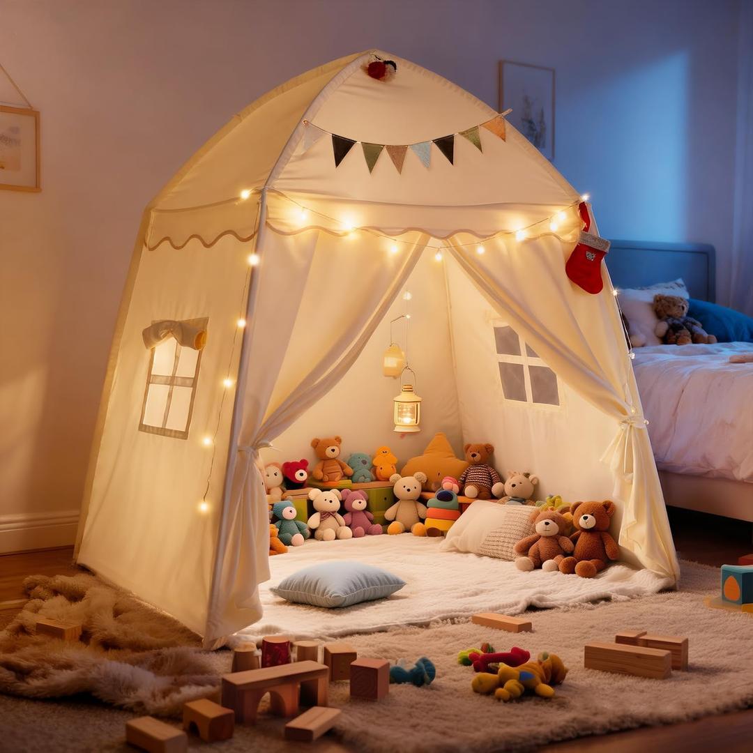 Large Kids Play Tent Indoor with Padded Mat Lights - 59x39x59in Teepee Playhouse with Flags Storage Bag - Cozy Reading Nook Nap Bed Tent - Birthday Gift for Toddlers Boys Girls