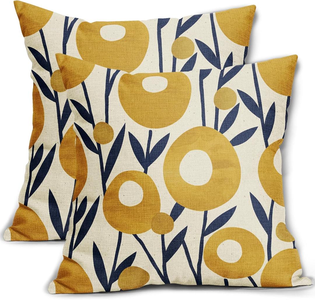 Navy Blue Yellow Floral Pillow Covers 18x18 Set of 2 Boho Flower Pattern Decorative Throw Pillowcases Outdoor Rustic Farmhouse Square Cushion Cases Decor for Home Couch Sofa Bed