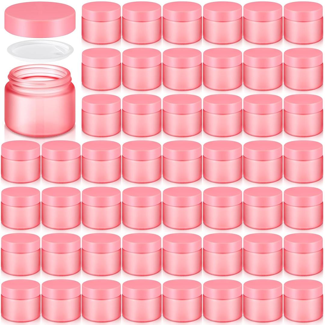 Domensi 48 Pcs 2 oz Glass Jars with Lids Travel Size Round Leakproof Empty Cosmetic Jars with Inner Liners Lid for Storing Makeup Lotions Face Cream Ointments Candle DIY Making (Pink)