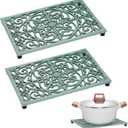 Sumnacon 9.6 x 6.3 Inch Cast Iron Trivet, 2 Pack Metal Trivets with Rubber Feets,Iron Trivet for Hot Dish Pot Pan Plate Teapot,Heat Resistant Trivets Cast Iron for Kitchen Cooktop Dining Table, Green