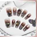 2 x JODSONE Press on Nails Gold Square Cat Eye Handmade 3D Fake Nail Tips Reuseable Fashionable Design Long Lasting Fit Easy to Create Exquisite Fingertips- Medium