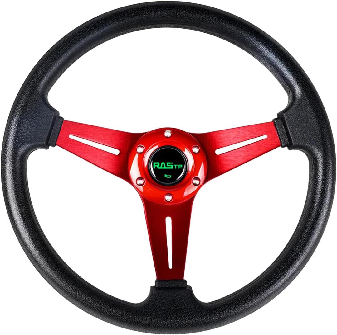RASTP Universal Racing Steering Wheel 13.8/350mm 6 Bolts Grip Vinyl Leather & Aluminum with Horn Button for Car -Red