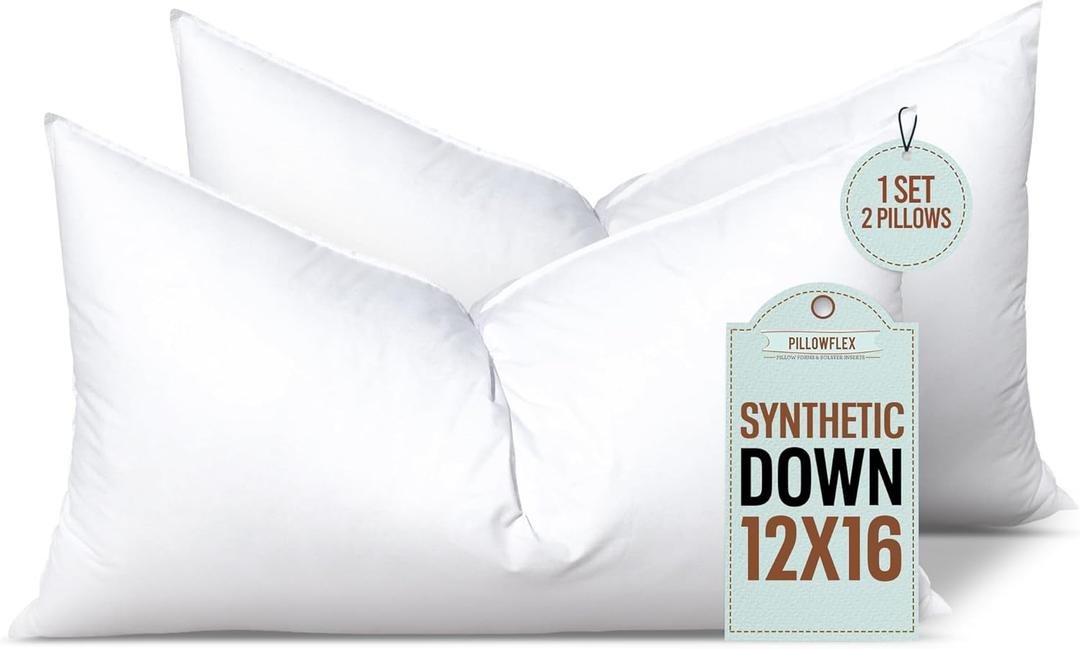 Pillowflex Set of 2 Synthetic Down Alternative Pillow Inserts for Shams, Soft & Plush Pillow Inserts, Faux Down Alternative Pillows or Micro Denier, Cotton Blended Shell Fabric - (12 Inch by 16 Inch)