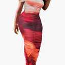 Ophestin Women Sexy Off The Shoulder Short Sleeve Tie Dye Ruched Bodycon Maxi Dress Party Club Dresses Size XL