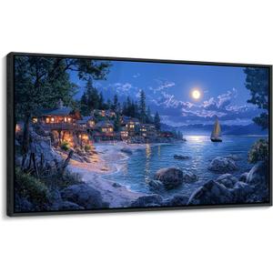CHATYOUNG Beach Framed Wall Art - Large 24x48 IN Dark Blue Ocean Town Calm Moon Night Scenery Pictures Canvas Print Coastal Wall Paintings for Bedroom Living Room Kitchen Home Office Decor