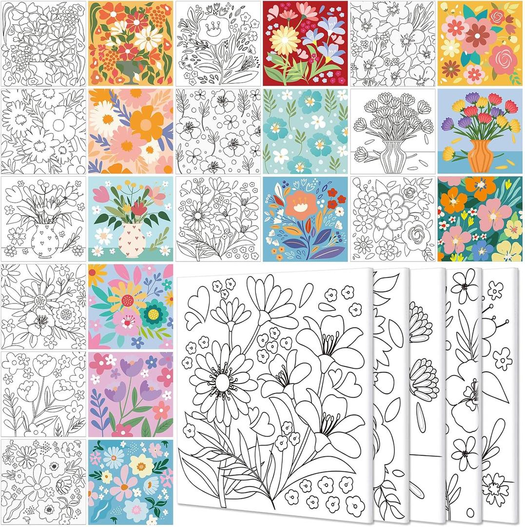 Teling 12 Pcs Pre Drawn Stretched Canvas Kit for Adults Painting Pre Printed Canvas Outline for DIY Painting Party Favor, 6 x 6 x 0.6 Inches (Flower)