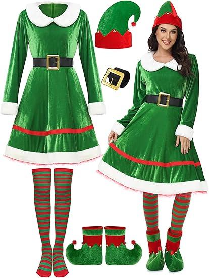 SOMSOC 5 Pack Women Christmas Elf Costume Set Velvet Dress Belt Striped Over Knee High Socks Elf Hat Shoes for Cosplay
, S