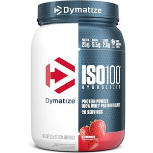 Dymatize ISO100 Whey Protein Powder Isolate, Strawberry, 25g of Protein, 20 Servings, 5.5g BCAAs, Less Than 120 Cal., Gluten Free, 1g Fat, 1g Sugar, 2g Carb (1.34 Pound (Pack of 1))(Exp: 04/2027)