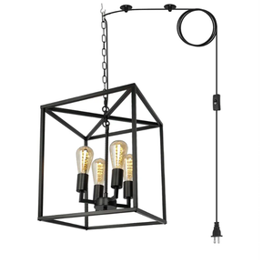 Black Farmhouse Plug in Chandelier with 16.7ft Cord, Industrial Lantern Pendant Hanging Light for Kitchen, Entryway, Hallway, Dinning Room (4-Light, bulbs not included)