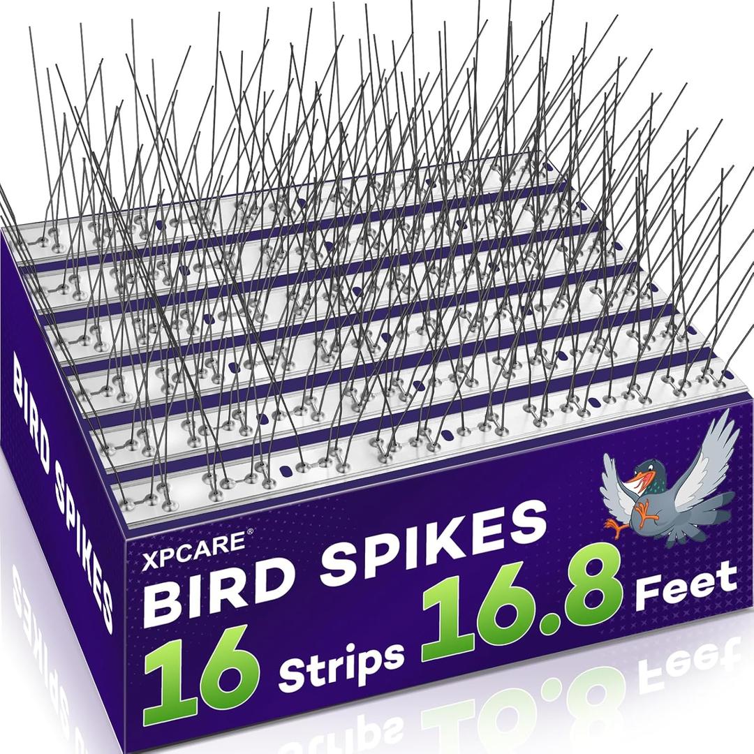 XPCARE 16.8 Feet Bird Spikes, Stainless Steel Bird Spikes Fence Spikes for Crow Robin Pigeon Squirrel Raccoon Defender Spikes (16 Packs)