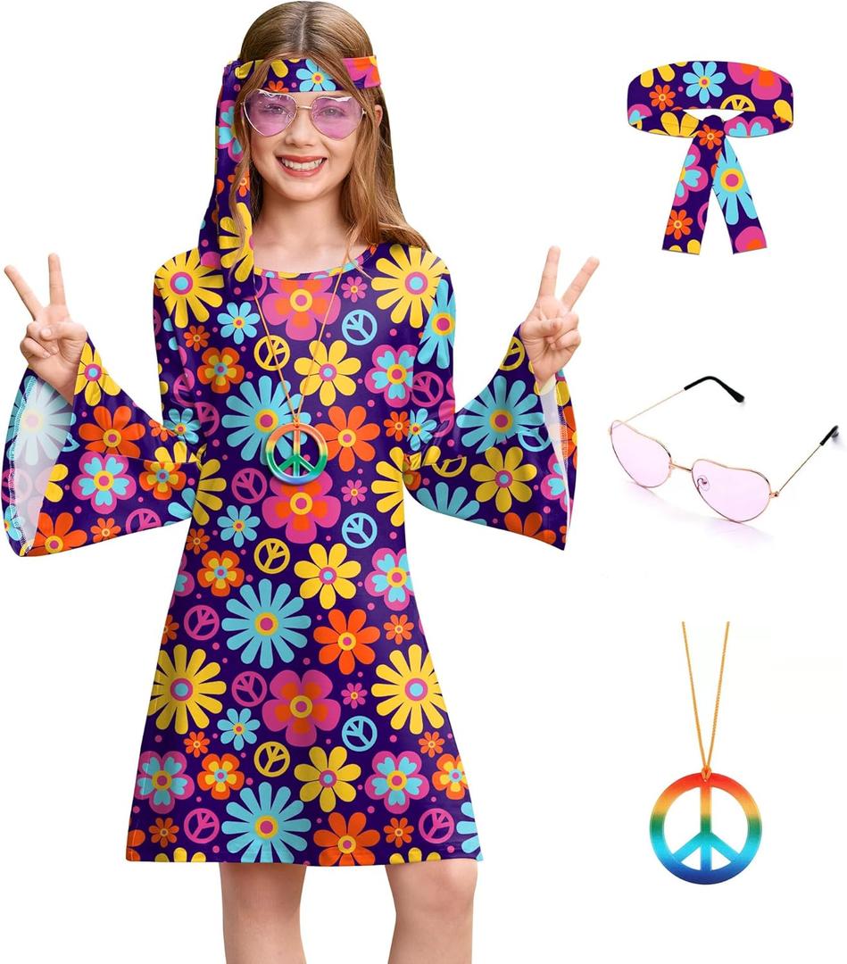 BesserBay Girl's 4 Pcs Halloween 70s Hippie Dress Bell Sleeve Floral Printed Outfit  10 Years (M)