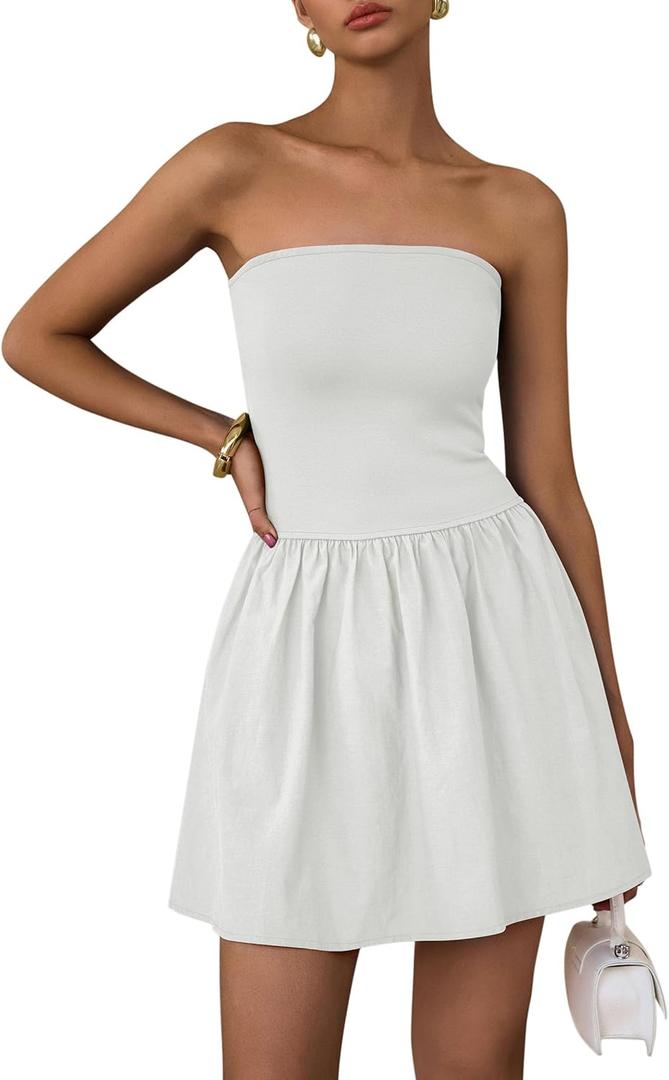 PRETTYGARDEN Women's Summer Strapless Mini Party Dress 2025 Casual Tube Top Ruffle A Line Short Patchwork Sundresses (Medium, White)