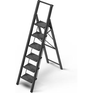 6 Step Ladder for 12 Feet High Ceiling, Lightweight Aluminum Folding Step Stool with Convenient Handgrip, Stepladders with Anti-Slip and Wide Pedal for Home Use Space Saving - Black