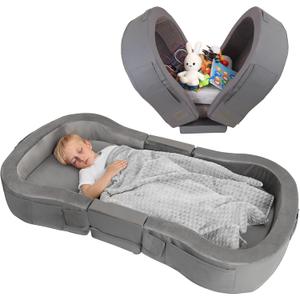 ENITYA Portable Toddler Bed for Travel, Foldable Floor Cot for Sleeping with Washable Cover, Kids Travel Bed for Camping & Home, Easy to Use, for Toddlers 18M4Y, Dark Grey