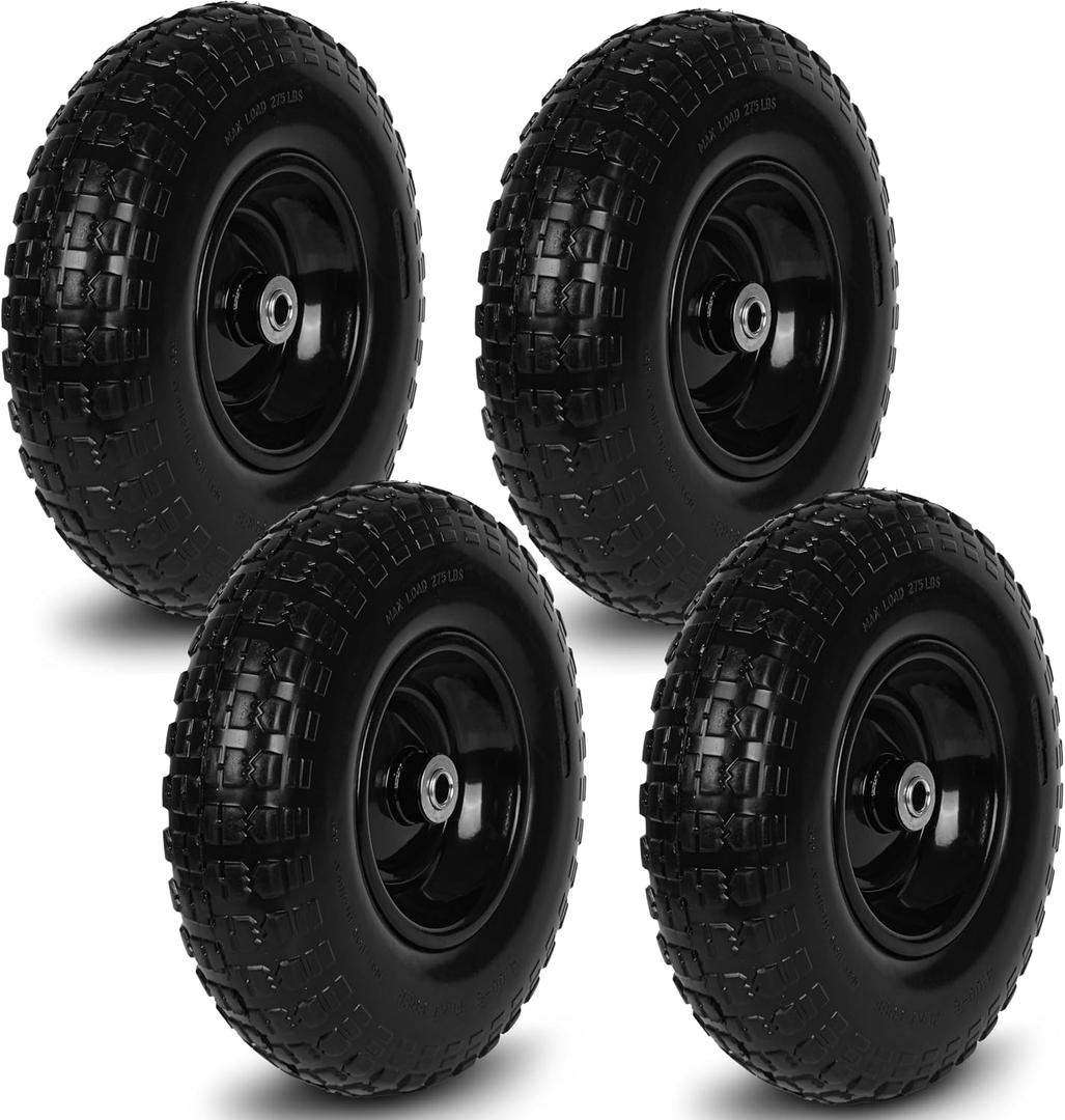 Taifa 4 PCS 13 Inch Rubber Solid Flat Free Replacement Tires and Wheels 4.00-6 with 5/8'' Axle Bore Hole, Air Less Wheel for Wheelbarrow/Wagon/Hand Truck/Trolley/Garden Scooter etc. (13x400-6PU-bigF-4packs)