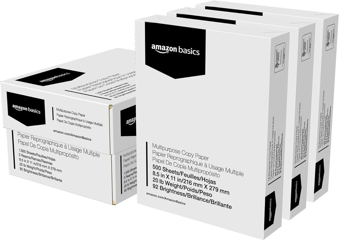 Amazon Basics Multipurpose Copy Printer Paper, 20 lb, 8.5 x 11 Inches, 3 Reams (1,500 Sheets), 92 Bright, White Amazon Basics Multipurpose Copy Printer Paper, 20 lb, 8.5 x 11 Inches, 3 Reams (1,500 Sheets), 92 Bright, White