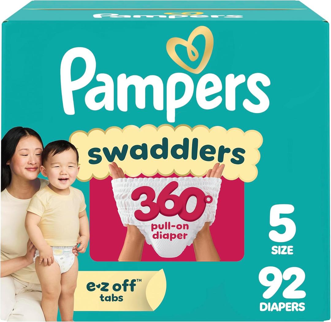 Pampers Diapers - Swaddlers 360° - Size 5, 92 Count, up to 100% Leakproof Comfy Dry Fit, Designed for Easy Changes, Pull On Baby Diaper