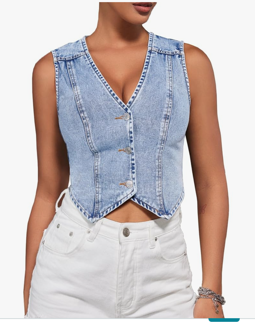 SHENHE Women's Denim Vest Button Down Sleeveless Jean Vest Top Y2K Cropped Denim Jacket Country Fashion Western Clothes S