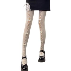 Women Lolita Tights with Bows Cute Mesh Hallow Harajuku Stockings 80S 90S Female Girls Gothic Lace Stockings Leggings (One Size, White)
