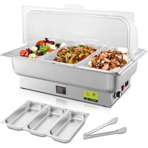 Electric Chafing Dish, 3 x 3QT Size Electric Chafing Dish Buffet Set with Rotary Knob Adjustable Temp, 700W Electric Buffet Servers and Warmers with Roll Top for Catering