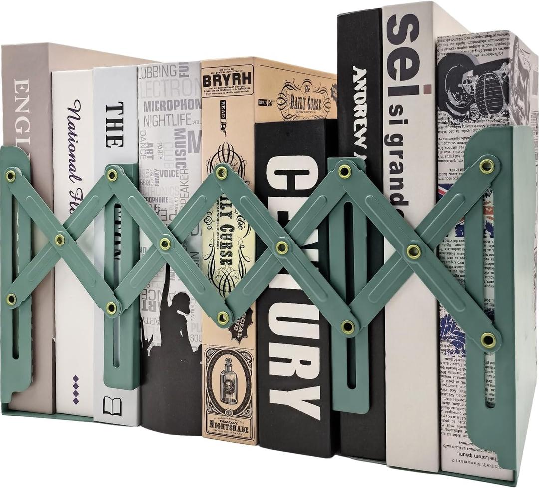 Adjustable Bookends Non Skid Decorative Bookends,Metal Bookend for Heavy Books,Bookshelf Organizer Holder for Books and Magazines for Desk(Green)