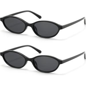 Retro Oval Cat Eye Sunglasses for Women Small Y2K Thin Frame 100% UV Protection Lightweight Vintage 90s Slim Black Sun Glasses 2 Pack