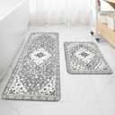 Uphome Boho Vintage 2 Piece Bathroom Rug Set Gray Non-Slip Soft Bathroom Rug Sets Machine Washable Oriental Aesthetic Bath Runner Traditional Tribal Floral Floor Mats for Shower Vanity Door Mat (18"x25"+18"x47", Grey)