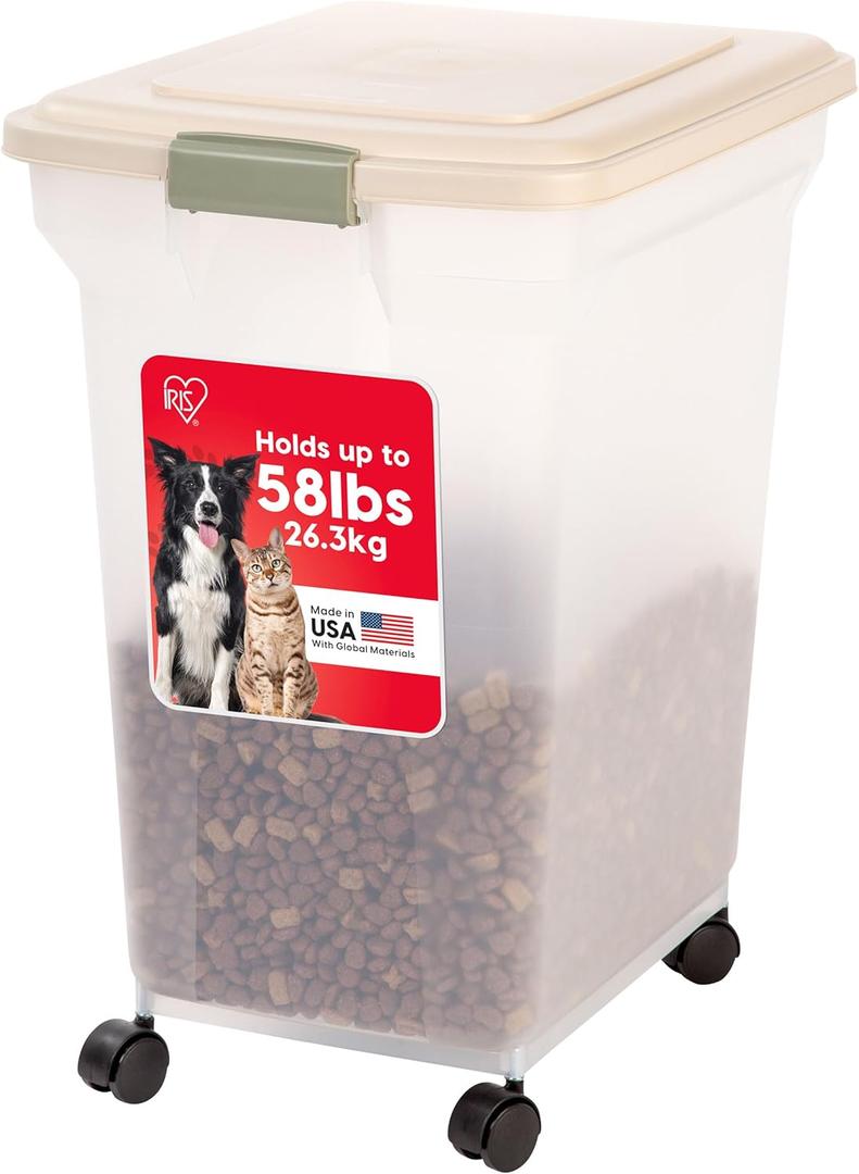 IRIS USA Dog Food Storage Container 58 lbs, Attachable Wheels, for Dog Cat Birds and other Pets, Food Storage Bin, Keep Fresh, Easy Mobility, BPA Free - Made in the USA, Almond/Clear