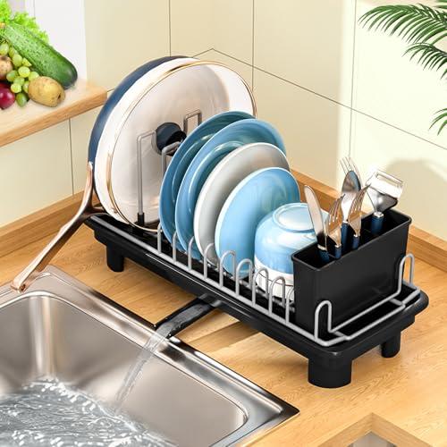 Anlanbor Small Dish Drying Rack,Compact Dish Rack for Kitchen Counter,Black Slim Small Dish Drainer with Adjustable Back Slots for Small Kitchens,RV, Dorm,Space Saving, 16.5"D x 6.5"W x 7.6"H