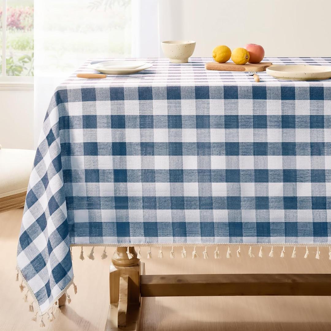 Softalker Checkered Tablecloth Rectangle, Outdoor Linen Cotton Gingham Table Cloth with Tassel, Heavy Duty Wrinkle Free Buffalo Plaid Table Cover for Kitchen Dining Home Party - 55 x 84 Inch, Navy